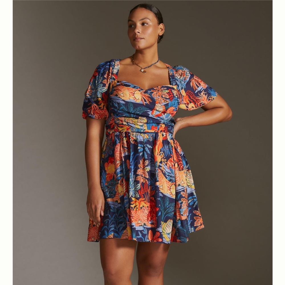Anthropologie 2X Tiger Print Sweetheart Puff Sleeve Mini Dress EUC - Picture 4 of 9